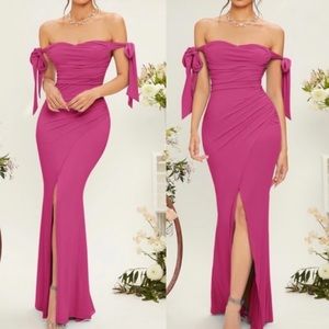 Luxe hot pink off shoulder party formal evening dress